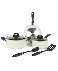 Oster Clairorne 7 Piece Aluminum Premium Nonstick Pots and Pans Cookware Set W/ Induction & Bakelte Stay Cool Handle - White W/ Speckle