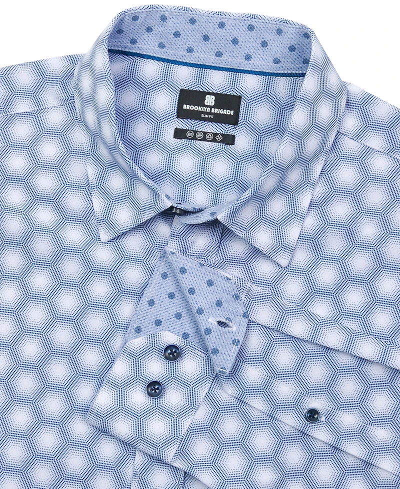 Brooklyn Brigade Men's Non-Iron Performance Stretch Moisture-Wicking Hexagon-Print Button-Down Shirt