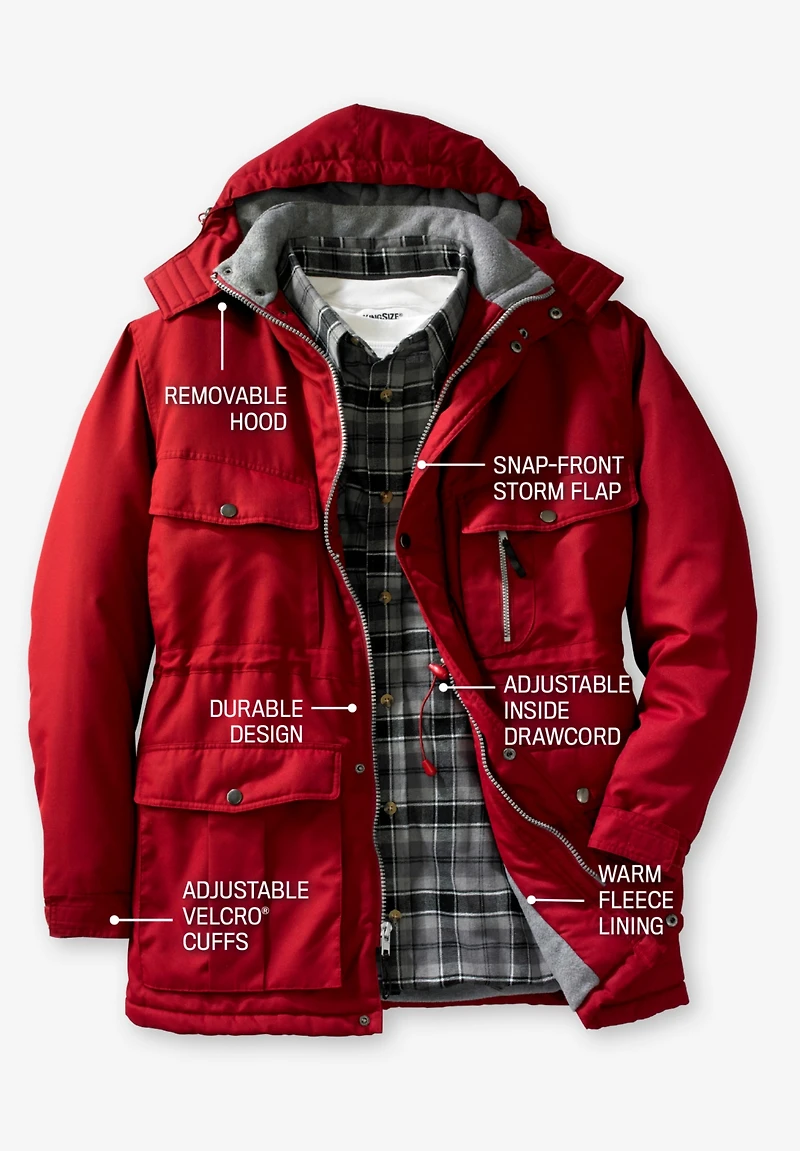 Boulder Creek Big & Tall by KingSize Fleece-Lined Parka With Detachable Hood And 6 Pockets