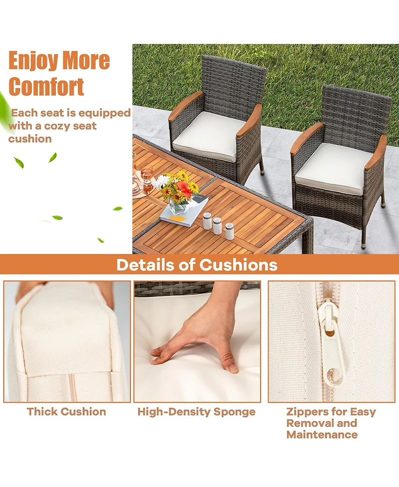Gymax 7PCS Outdoor Dining Set Patio Acacia Wood and Rattan Furniture Set w/ Cushions