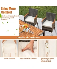 Gymax 7PCS Outdoor Dining Set Patio Acacia Wood and Rattan Furniture Set w/ Cushions