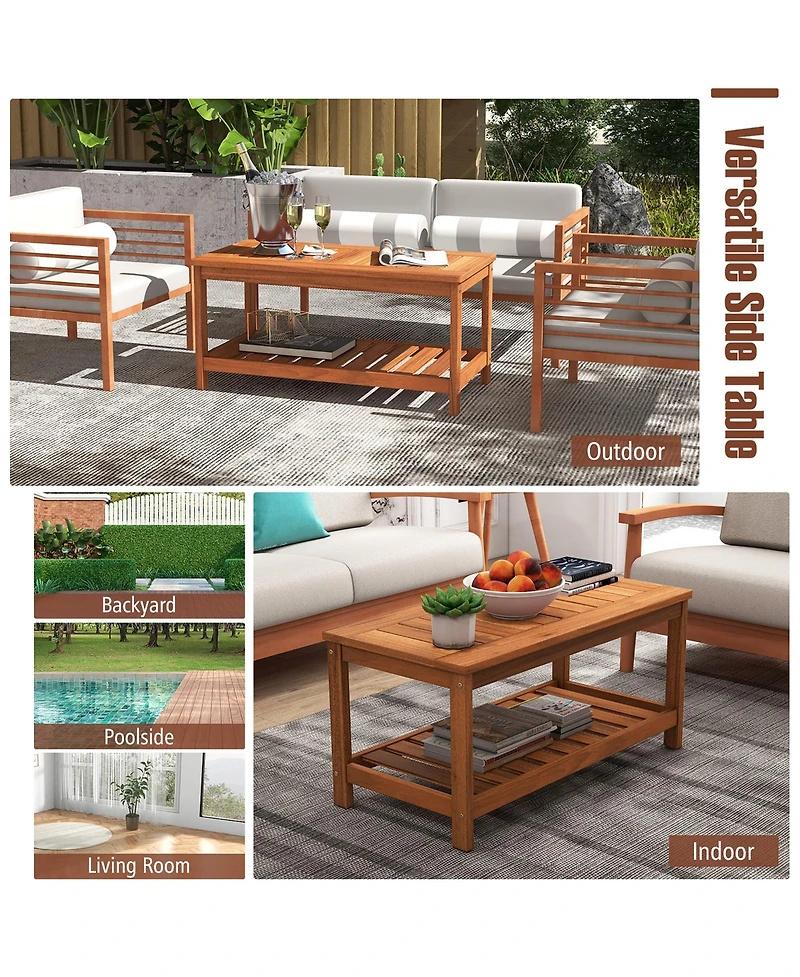 Gymax Hardwood Outdoor Patio Coffee Table 2-Tier Coffee Table w/ Slat Tabletop & Storage Shelf Natural