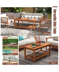 Gymax Hardwood Outdoor Patio Coffee Table 2-Tier Coffee Table w/ Slat Tabletop & Storage Shelf Natural
