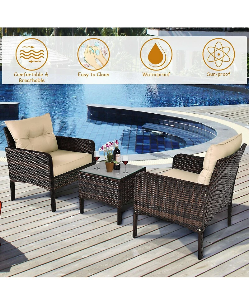 Sugift 3 Pieces Outdoor Patio Rattan Conversation Set with Seat Cushions
