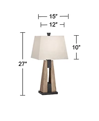 Mitchell Rustic Farmhouse Table Lamps 27" Tall Set of 2 with Usb Port Wood Oatmeal Tapered Rectangular Fabric Shade for Living Room Bedroom House