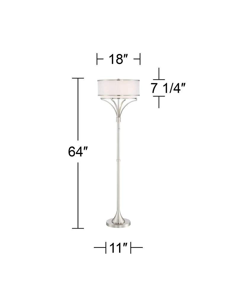 Possini Euro Design Candice Modern Floor Lamp 64" Tall Brushed Nickel Silver Organza Outer White Linen Inner Drum Shade for Living Room Bedroom O