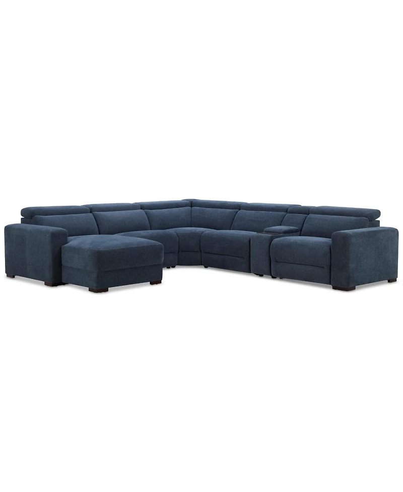 Nevio 6-Pc. Fabric Power Headrest Sectional with Chaise & Console and Motion Chairs
