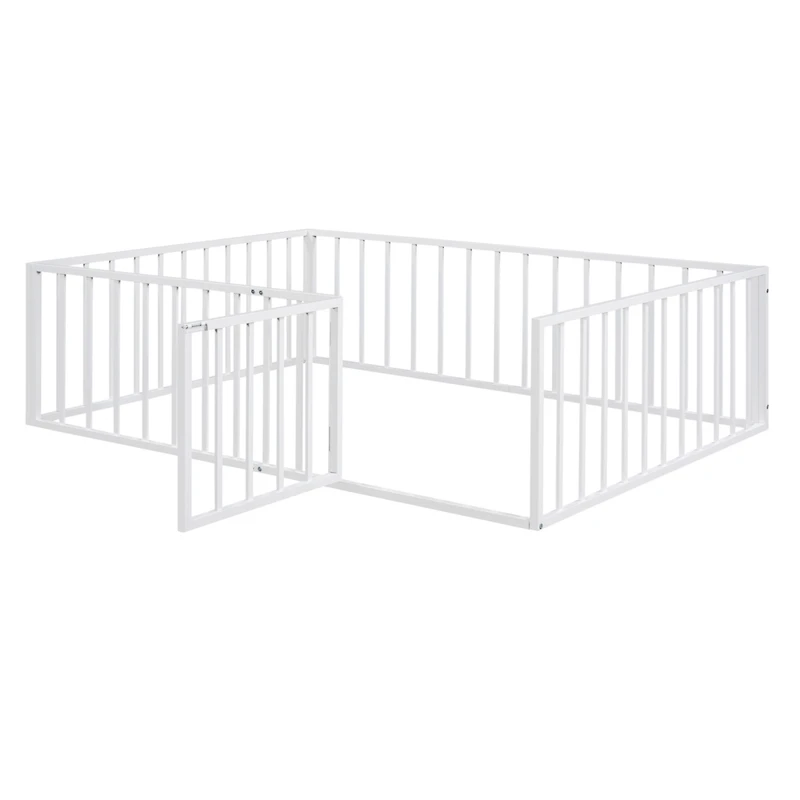 Streamdale Full Metal Floor Bed Frame with Fence and Door, White