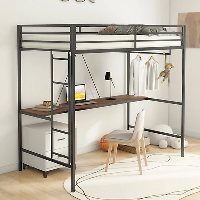 Simplie Fun Adam Sturdy Twin Loft Bunk Black with Cinnamon Wood Desk and Closet Rod for Adult and Kids, and Easy Climbing with Sturdy Ladder, Space Sa