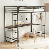 Simplie Fun Adam Sturdy Twin Loft Bunk Black with Cinnamon Wood Desk and Closet Rod for Adult and Kids, and Easy Climbing with Sturdy Ladder, Space Sa