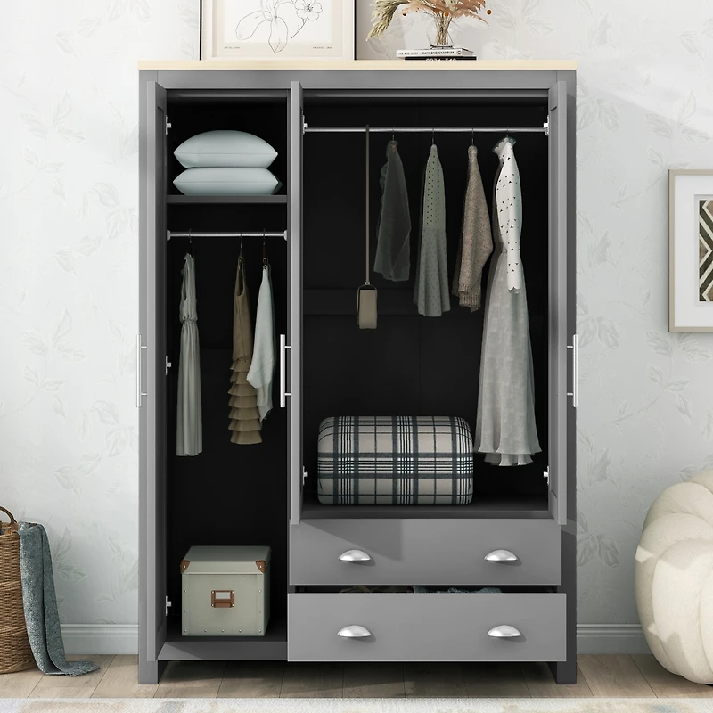 Streamdale Three Door Storage Wardrobe with Cabinets and Two Hanging Rods, Gray
