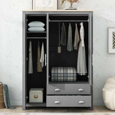 Streamdale Three Door Storage Wardrobe with Cabinets and Two Hanging Rods, Gray
