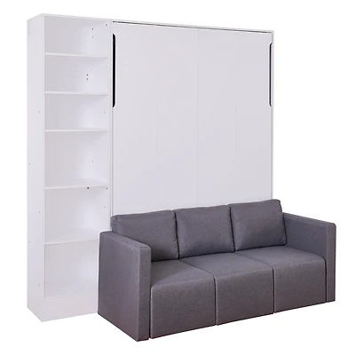 Simplie Fun Full Size Murphy Bed Wall Bed with Sofa, with Shelves, White