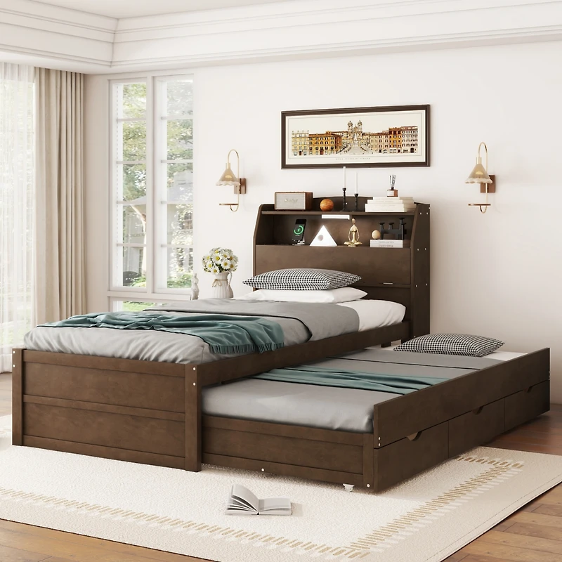 Streamdale Twin Wooden Led Platform Bed with Storage & Trundle