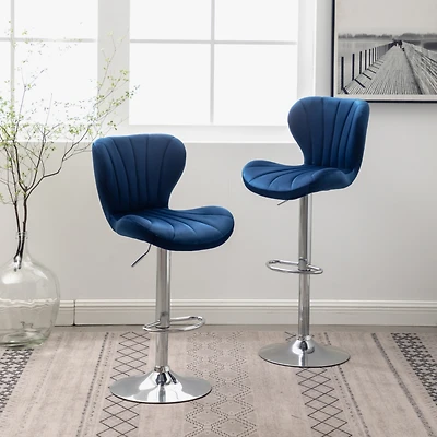 Upholstered Adjustable Swivel Barstools in Blue, Set of 2