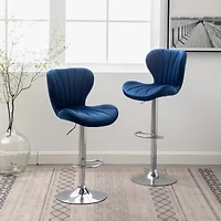 Upholstered Adjustable Swivel Barstools in Blue, Set of 2