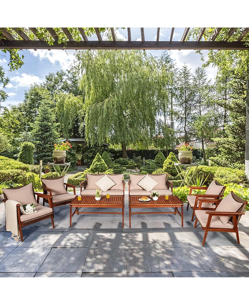 Costway 8PCS Patio Rattan Furniture Set Acacia Wood Frame Cushioned Sofa Chair Garden