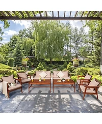 Costway 8PCS Patio Rattan Furniture Set Acacia Wood Frame Cushioned Sofa Chair Garden