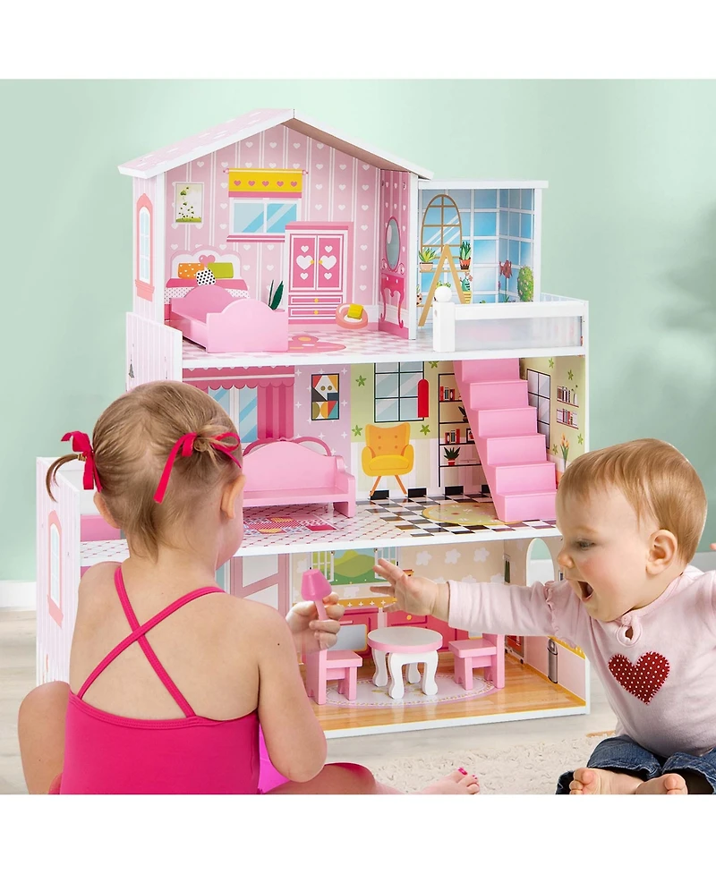 Costway Kids Wooden Dollhouse Playset with 5 Simulated Rooms & 10 Pieces of Furniture