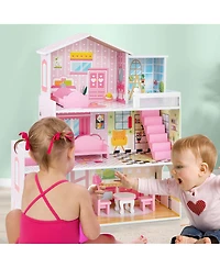 Costway Kids Wooden Dollhouse Playset with 5 Simulated Rooms & 10 Pieces of Furniture