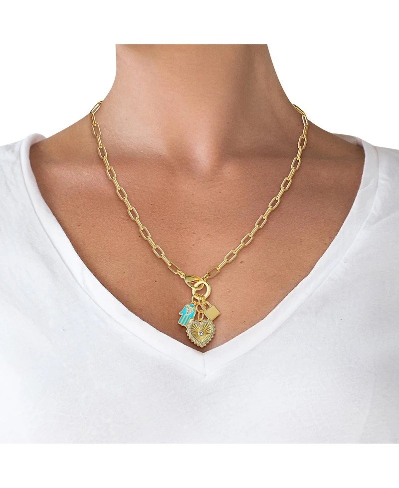 Jessica Simpson Womens Triple Charm Necklace 17" - Gold-Tone Necklace with Lock Charm and Heart Charms