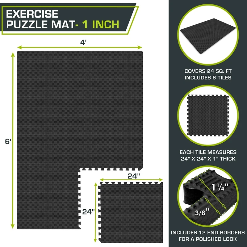 ProsourceFit Checkered Puzzle Exercise Mat 1-in, 24 Sq Ft - 6 Tiles