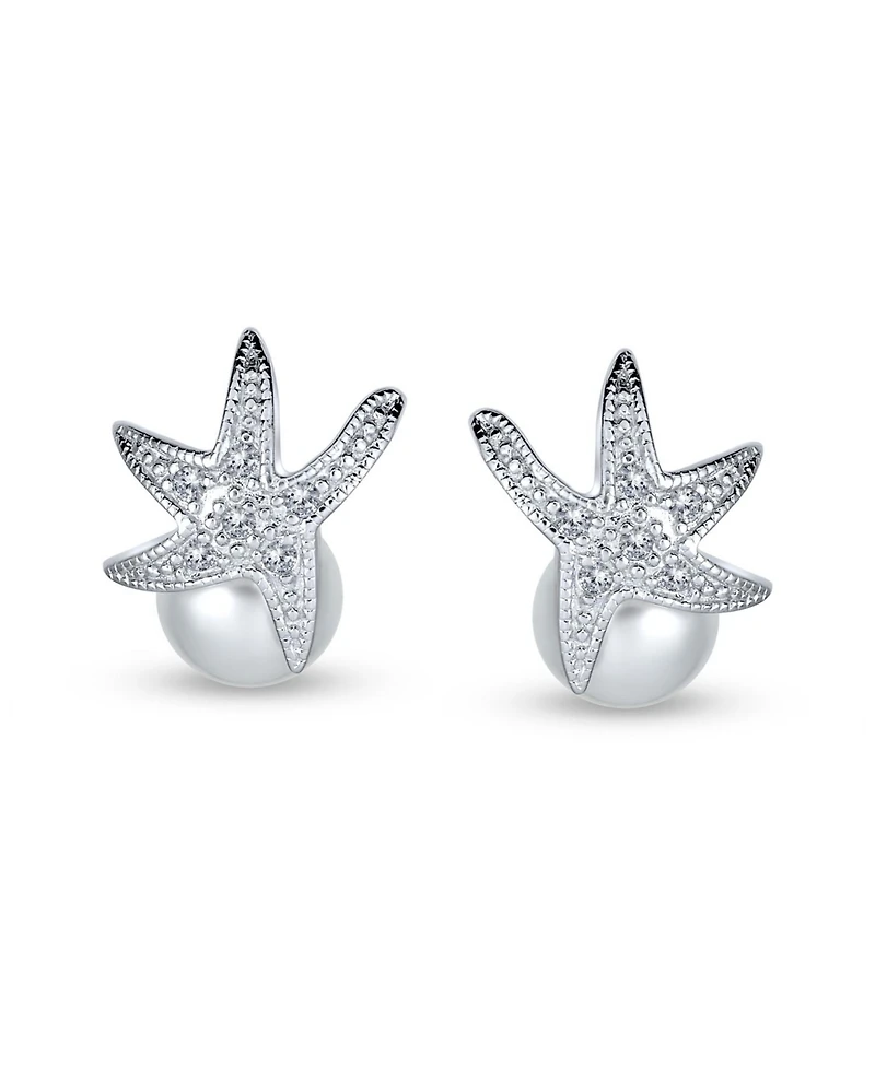 Bling Jewelry Nautical Round White Simulated Pearl Starfish Drop Earrings Sterling Silver