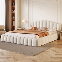 Streamdale Beige Velvet Queen Bed Frame with Shell-Shaped Headboard