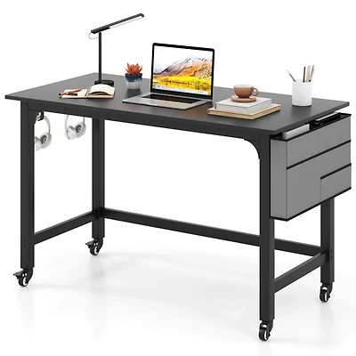 Rolling Computer Desk Wood Top Metal Frame Laptop Table Study