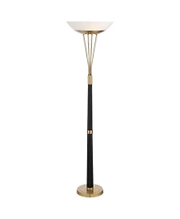 Possini Euro Design Ventura Mid Century Modern Torchiere Floor Lamp Standing Led 75" Tall Black Antique Brass Gold Metal Frosted Glass Bowl Shade for