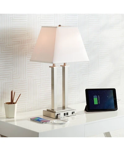 Possini Euro Design Amity Modern Table Lamp 26" High Brushed Nickel with Usb and Ac Power Outlet in Base White Linen Shade for Bedroom Bedside De