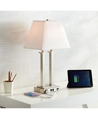 Possini Euro Design Amity Modern Table Lamp 26" High Brushed Nickel with Usb and Ac Power Outlet in Base White Linen Shade for Bedroom Bedside De