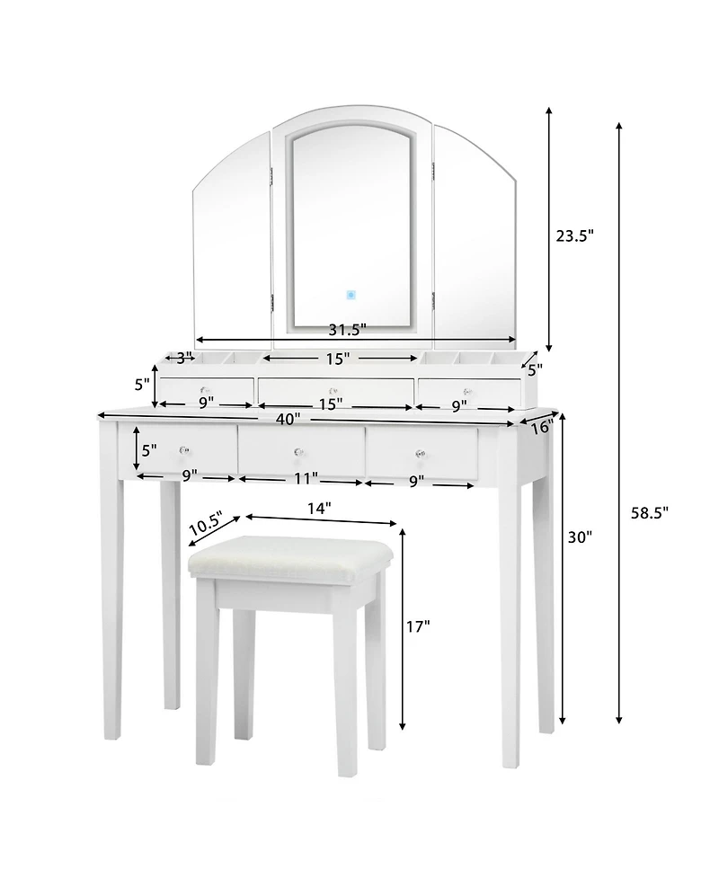Sugift Vanity Table Stool Set with Large Tri-folding Lighted Mirror