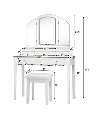 Sugift Vanity Table Stool Set with Large Tri-folding Lighted Mirror