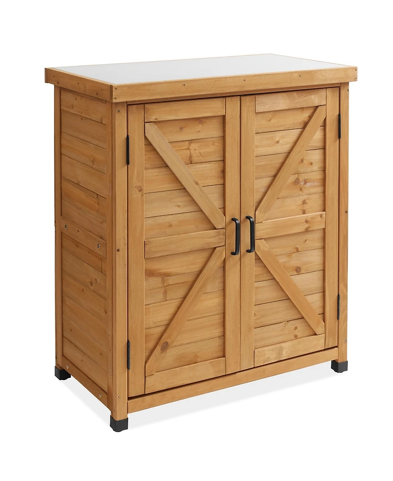 Outdoor Storage Cabinet and Potting Bench with Metal Tabletop and Storage Cabinet - Wooden Outdoor Garden Patio Workstation Table, Natural