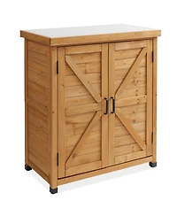 Outdoor Storage Cabinet and Potting Bench with Metal Tabletop and Storage Cabinet - Wooden Outdoor Garden Patio Workstation Table, Natural