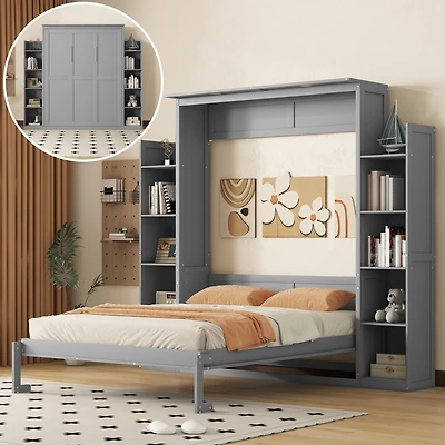 Streamdale Queen Murphy Bed Wall with Shelves and Led Lights, White