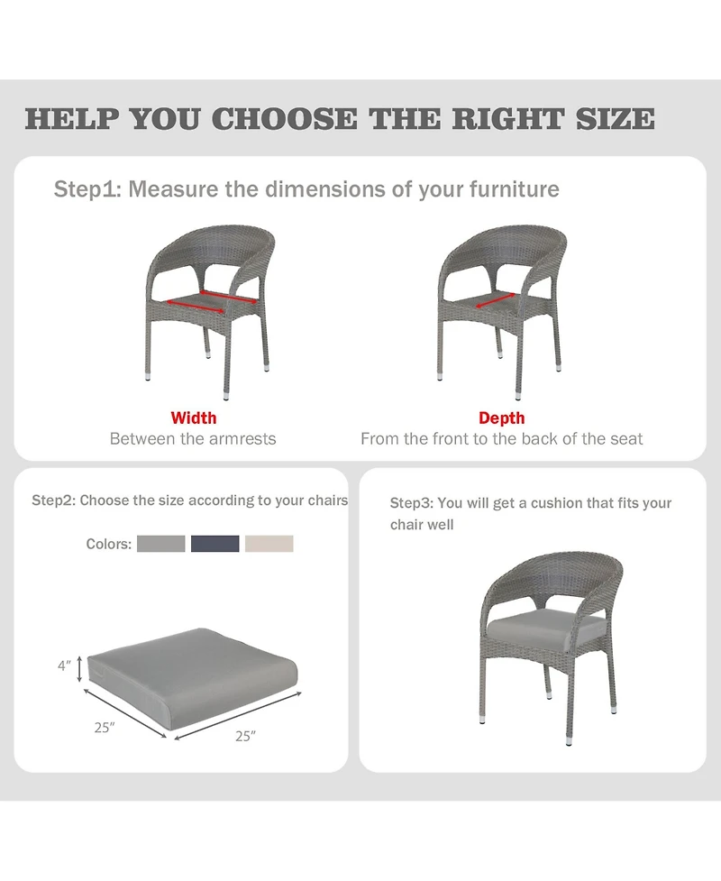 Aoodor Outdoor Chair Cushion W25''xD25'' Soft, Fade-resistant Polyester, Removable Cover with Hidden Zipper, Adaptable Secure Ties, Set of 2 Available