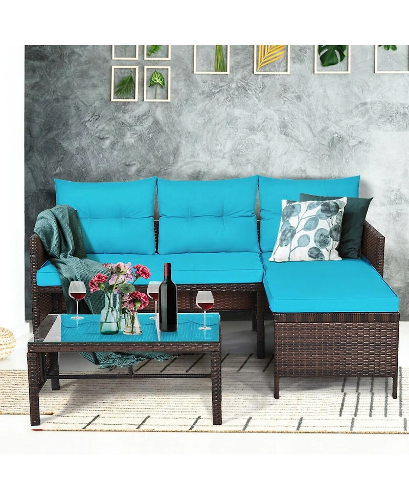 Sugift 3 Pieces Outdoor Patio Corner Rattan Sofa Set-Turquoise