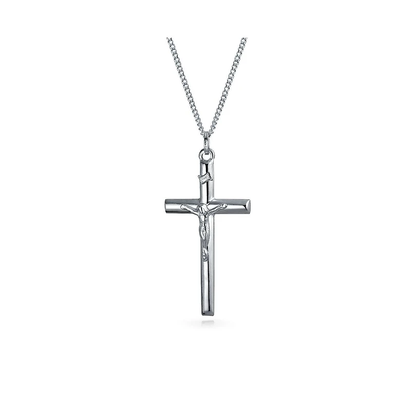 Bling Jewelry Simple Christian Catholic Religious Jewelry Large Jesus Crucifix Cross Necklace Pendant Sterling Silver 2 Inch
