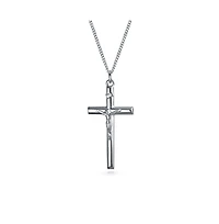 Bling Jewelry Simple Christian Catholic Religious Jewelry Large Jesus Crucifix Cross Necklace Pendant Sterling Silver 2 Inch