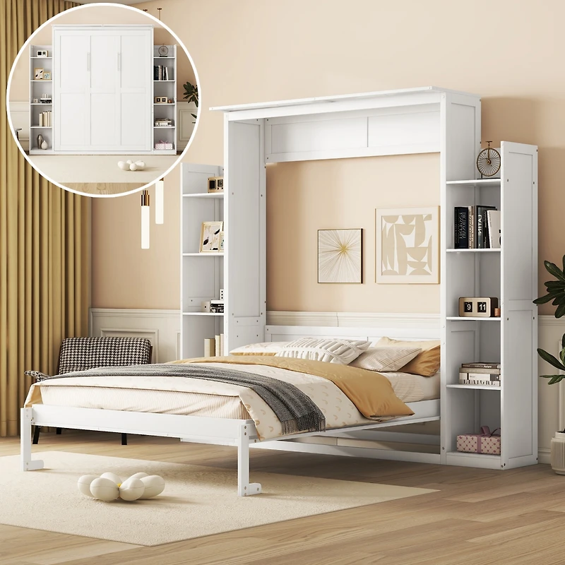 Streamdale Queen Murphy Bed Wall with Shelves and Led Lights, White