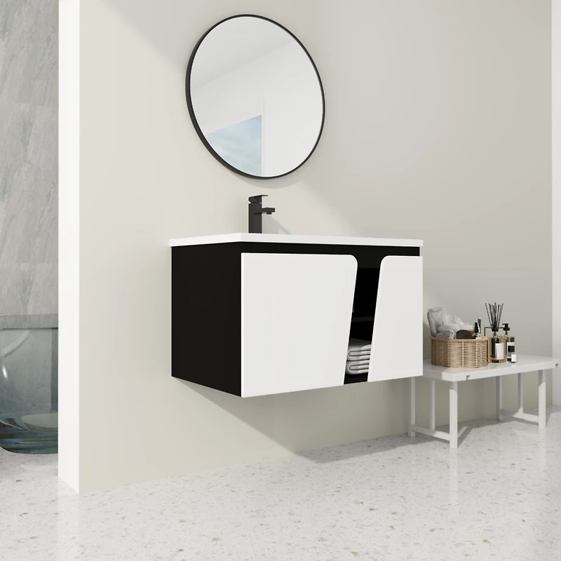 Wall-Mounted Vanity Double Door, Ceramic Basin, Soft-Close Doors, Eco-Friendly