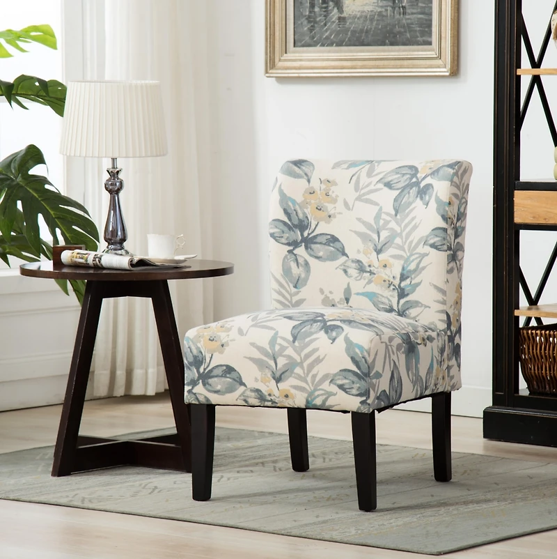 Streamdale Print Fabric Armless Contemporary Accent Chair, Blue Leaves