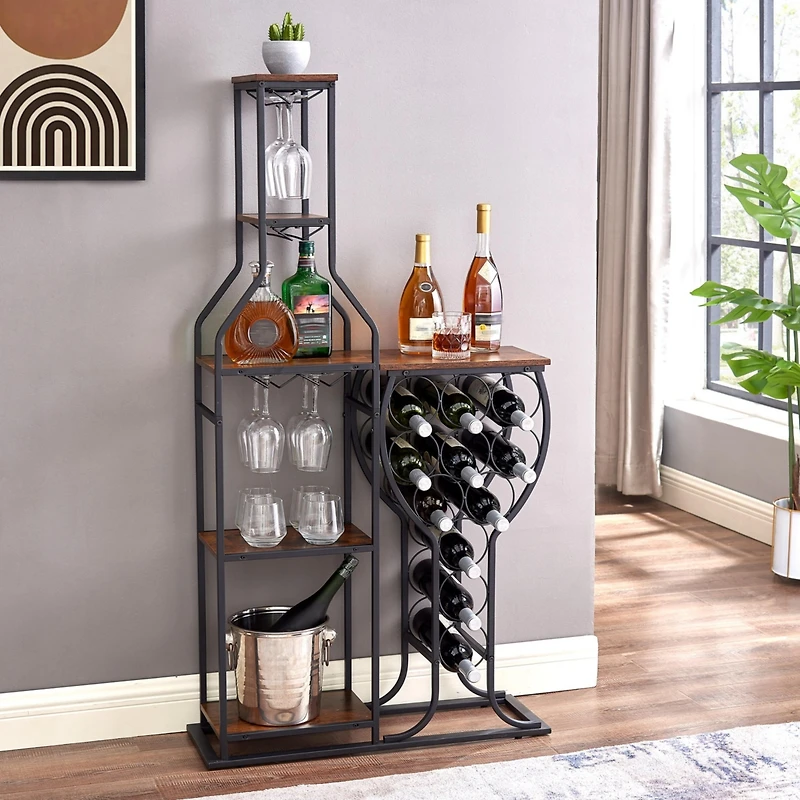 Streamdale 5-Tier Rustic Brown Wine Storage Rack with Hanging Glass Holder