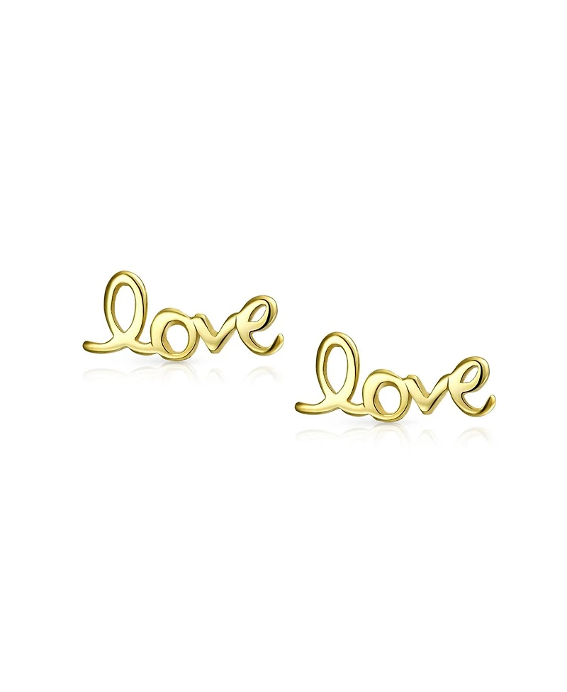Bling Jewelry Inspirational Saying Script Words Love Stud Earrings Gold Plated Sterling Silver