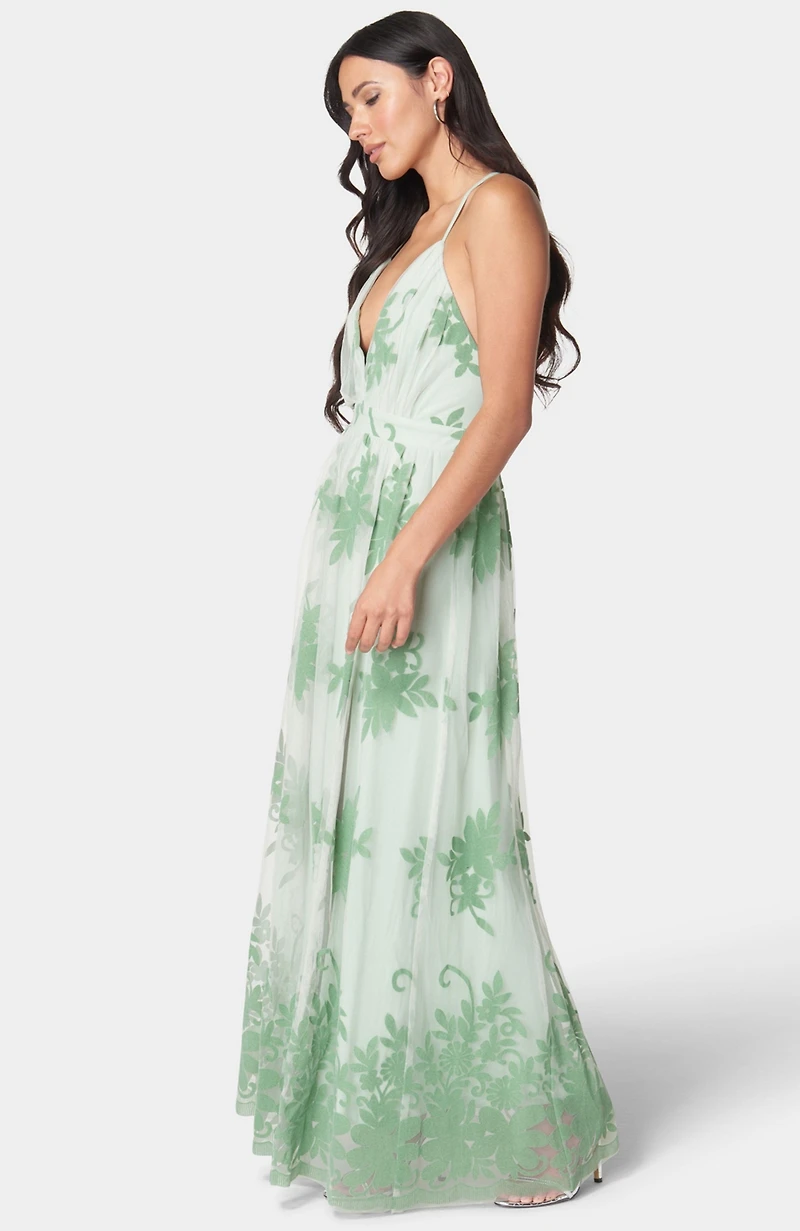 Bebe Women's Plunge Neck Embroidered Maxi Dress