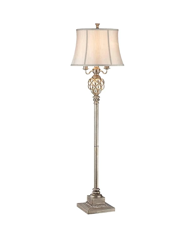 Barnes and Ivy Olde Vintage Floor Lamp 63 1/2" Tall Olde Silver with Led Nightlight Mercury Glass Faux Silk Bell Shade for Living Room Office Hou