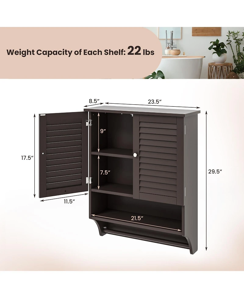 2-Doors Bathroom Wall-Mounted Medicine Cabinet with Towel Bar-Brown