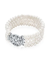 Bling Jewelry Antique Art Deco Style Wide Statement Four Multi Strand White Freshwater Cultured Pearl Bracelet Silver Plated Brass 7.5"